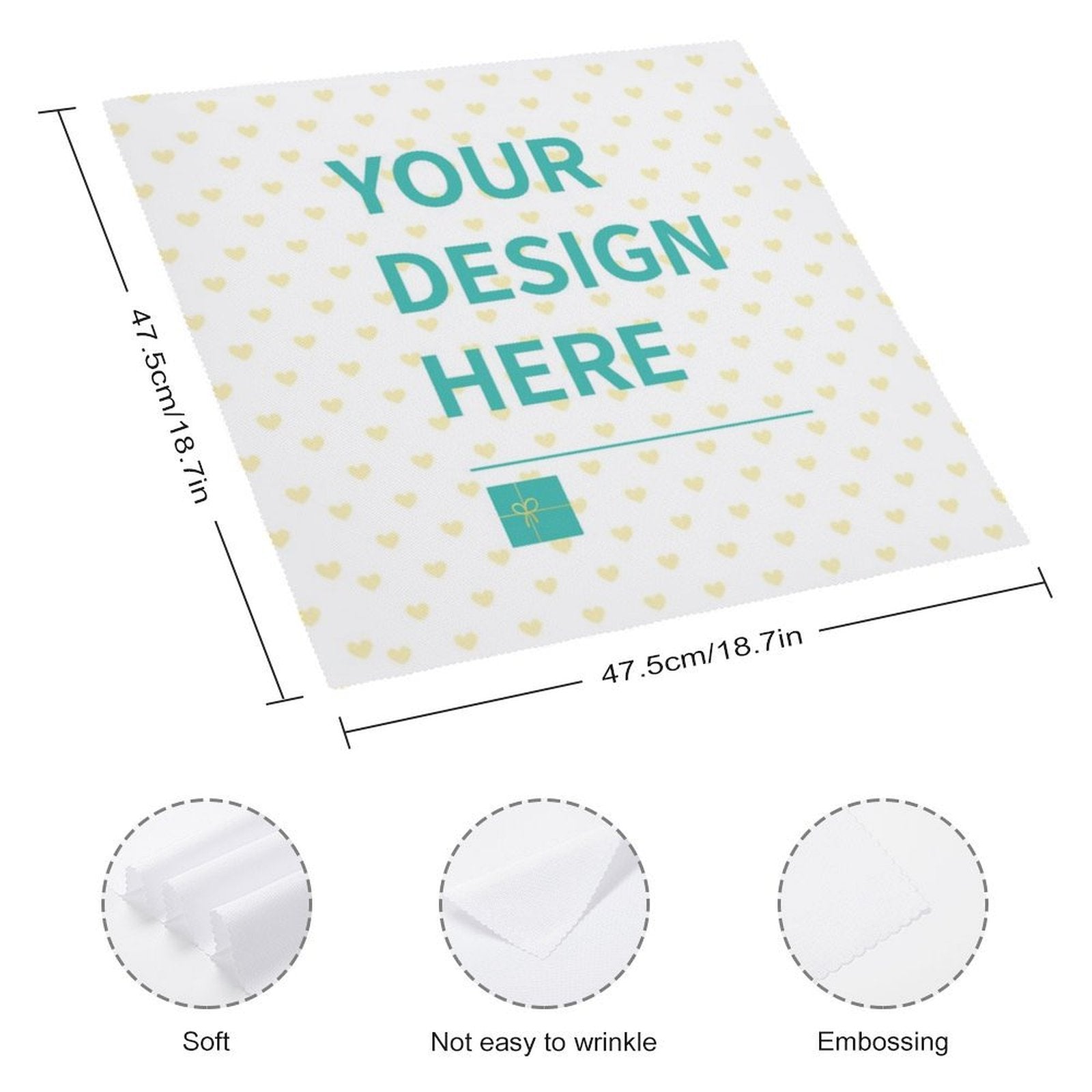 Customizable table napkin with heart pattern, personalized design, washable and reusable