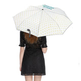 Customizable 3-Fold Auto Umbrella with heart pattern, vinyl cloth, text 'YOUR DESIGN' on the umbrella, ideal gift.