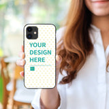 Custom iPhone 11 case with 'YOUR DESIGN HERE' on TPU material, heart pattern. Personalized style.
