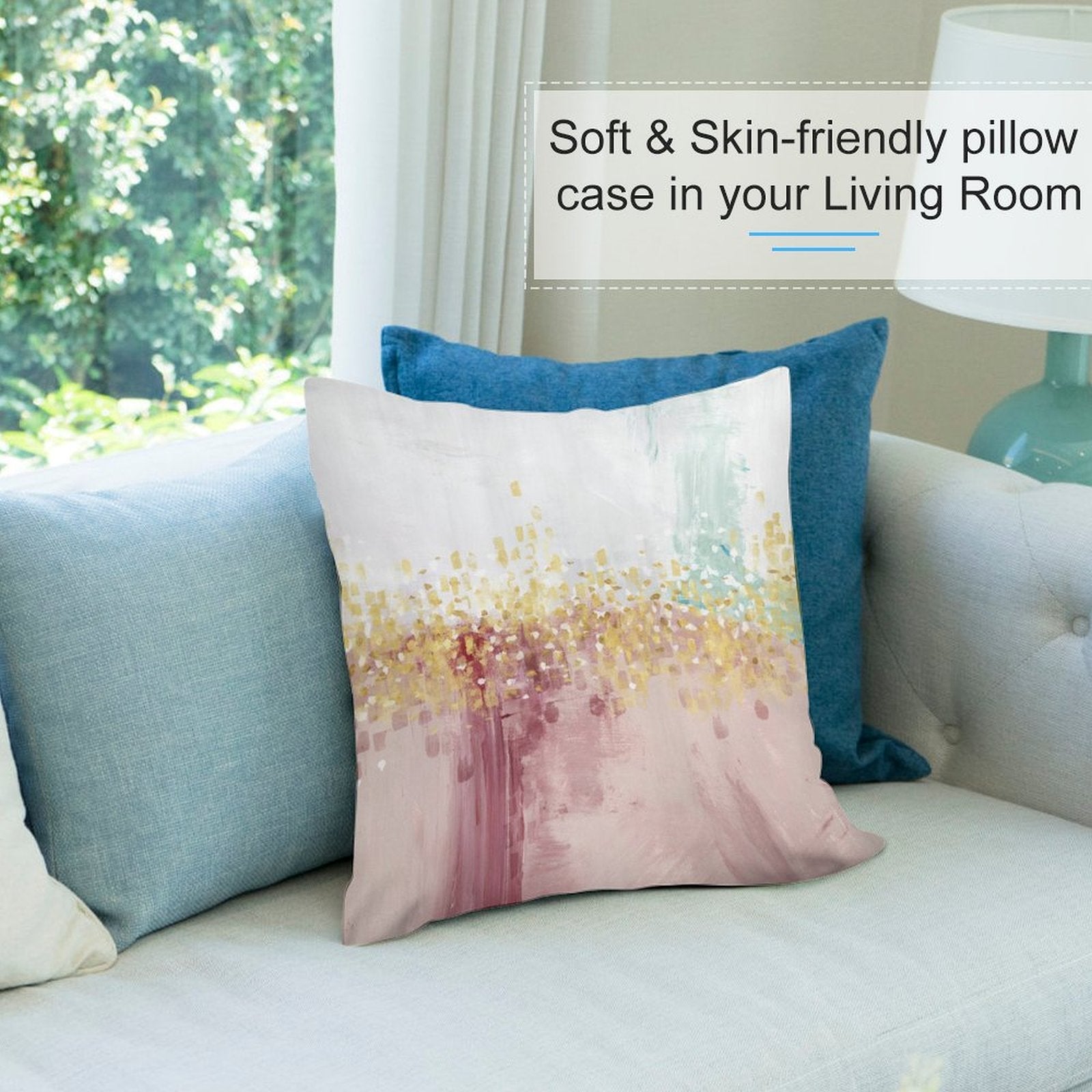 Abstract art plush pillow cover for sofa, pink and gold tones, soft fabric, skin-friendly, living room decor