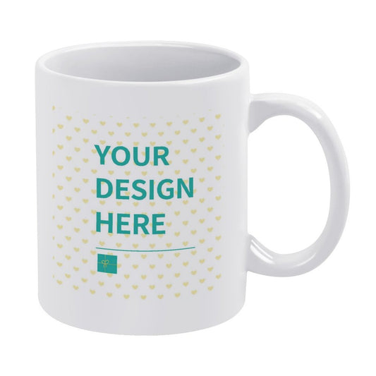Personalized white ceramic mug with custom design option, perfect for gifts.