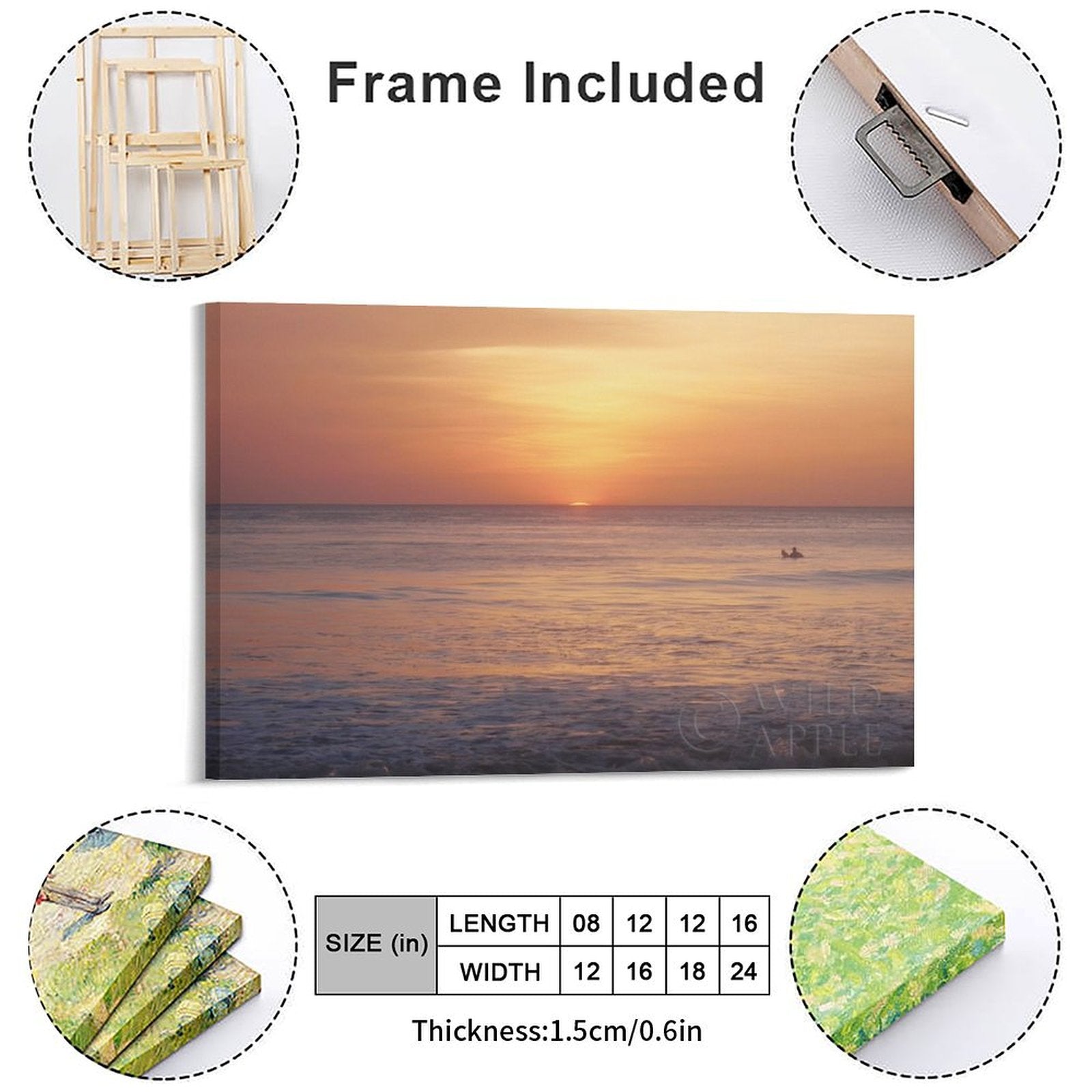 Canvas wall art with sunset ocean scene, ready to hang with frame included. Perfect for living room or bedroom.