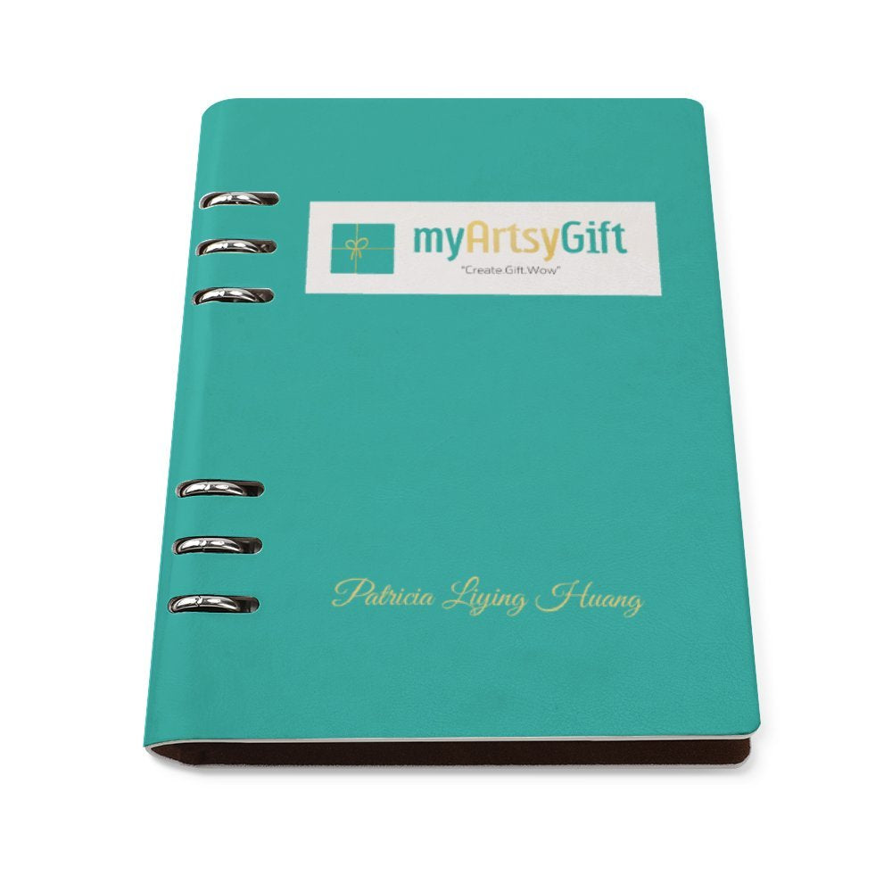 Teal PU leather loose-leaf notebook with MyArtsyGift logo, 90 sheets for note-taking, and the name Patricia Liying Huang.