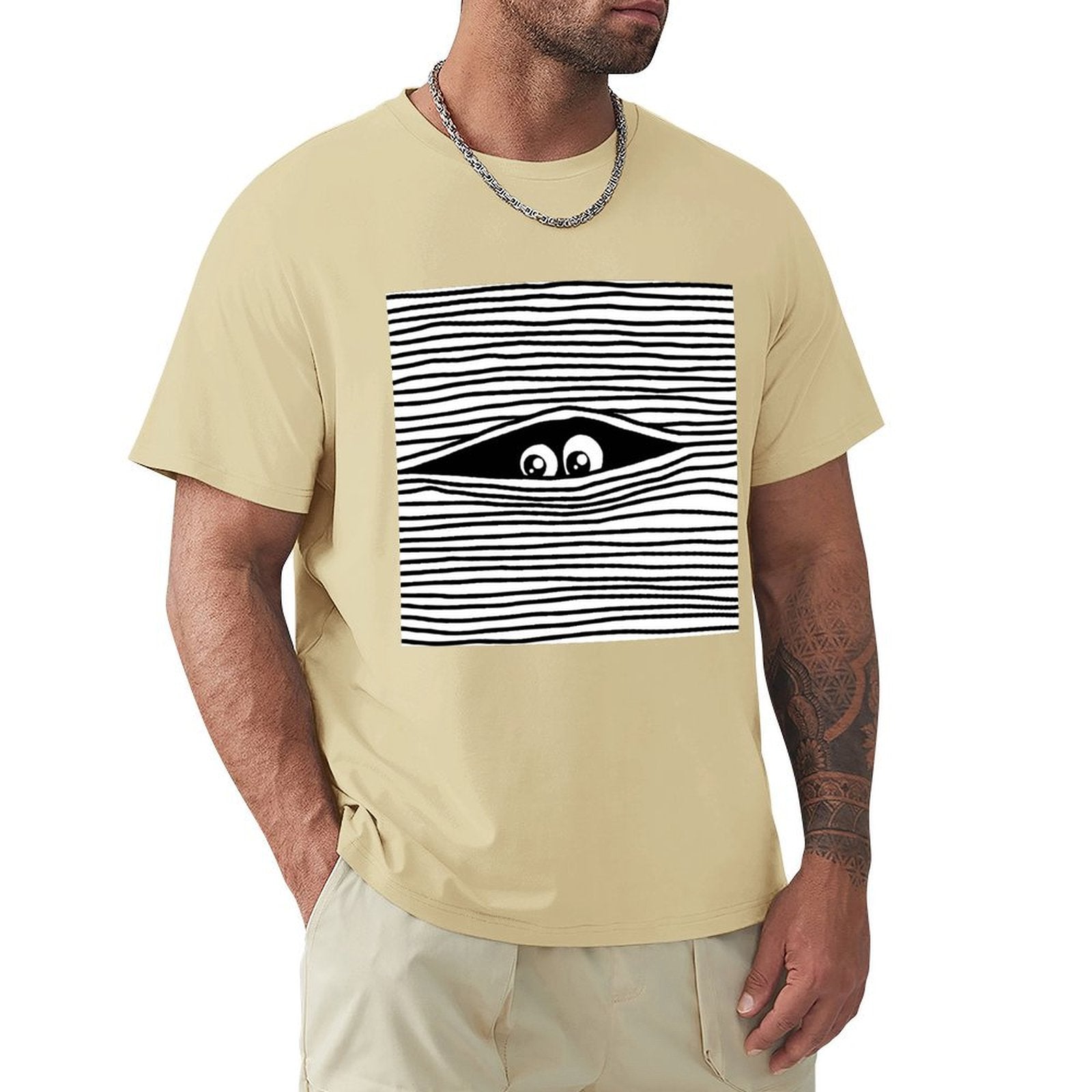 Men's light brown crew neck t-shirt with eye graphic. Unique tee design by MyArtsyGift