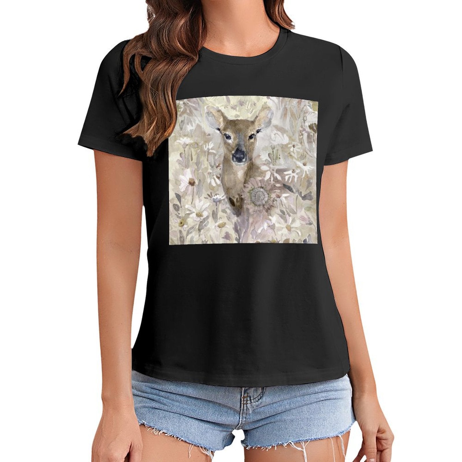 Women's black t-shirt with deer graphic print. Short sleeve crewneck tee for casual wear, MyArtsyGift.