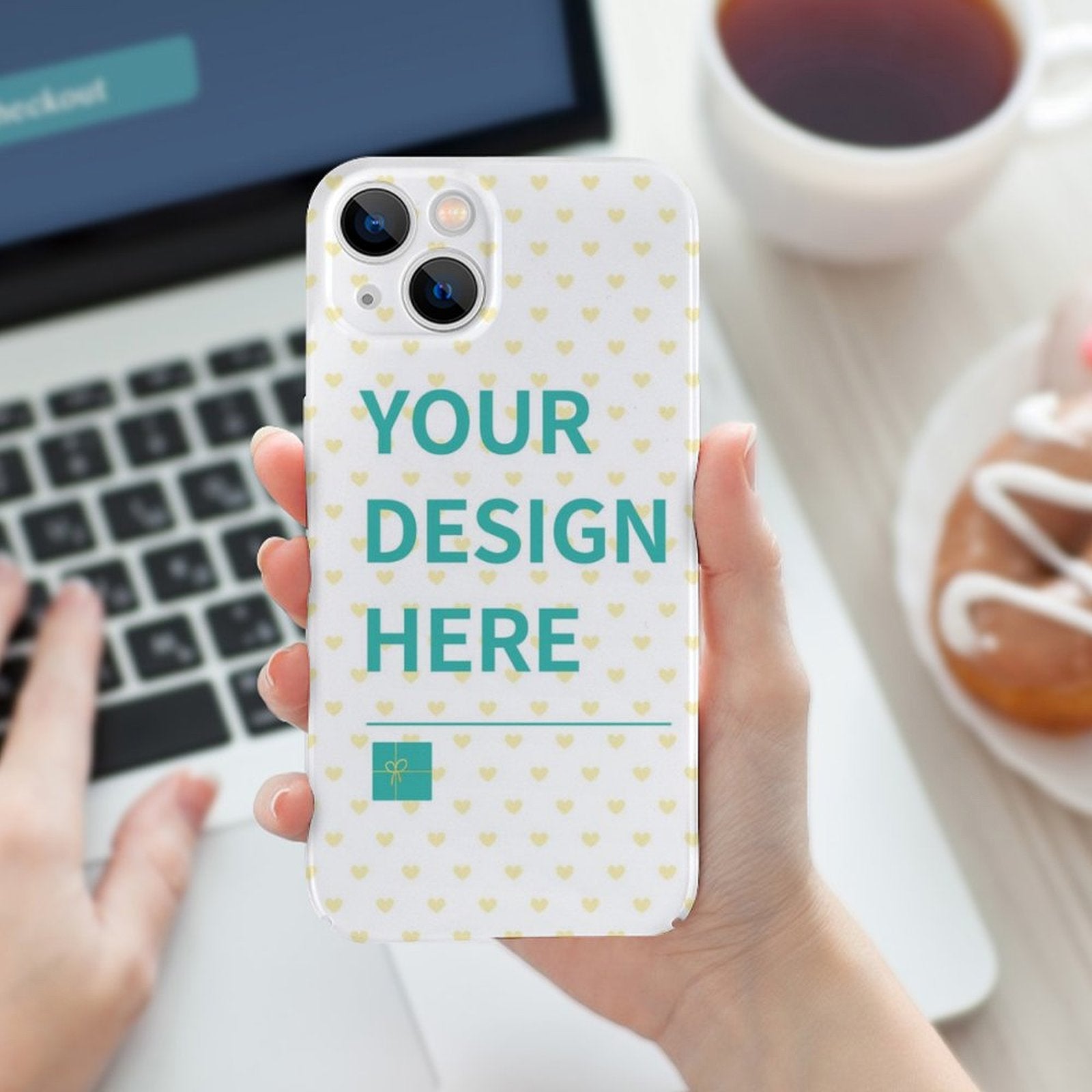 Custom iPhone 14 Pro case with 'YOUR DESIGN HERE' text, PC plastic, heart pattern.