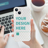 Custom iPhone 14 Pro case with 'YOUR DESIGN HERE' text, PC plastic, heart pattern.