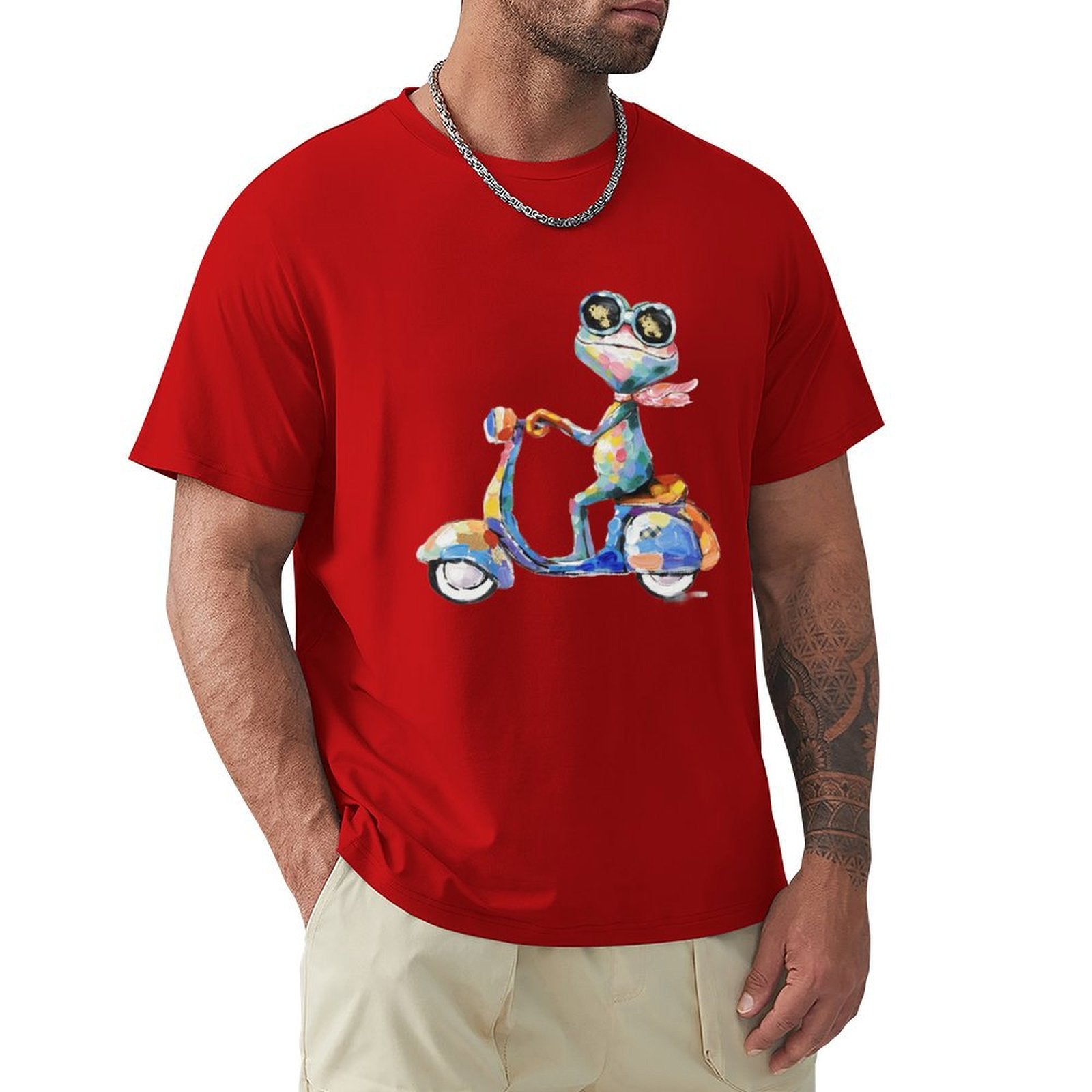 Red men's t-shirt with colorful frog scooter design. Artistic cotton tee from MyArtsyGift