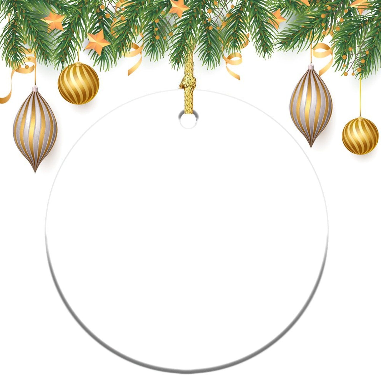 Blank round ceramic Christmas ornament with gold hanging string and Xmas tree decor