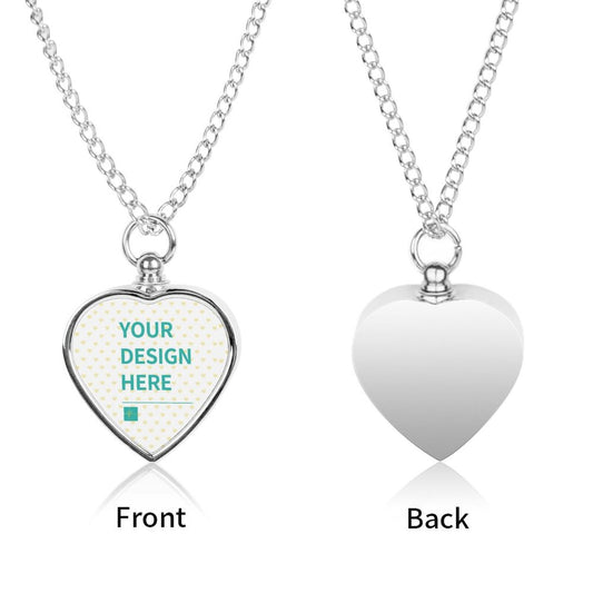 Customizable alloy heart pet ash necklace with 'YOUR DESIGN HERE', perfect memorial for small to medium dogs.