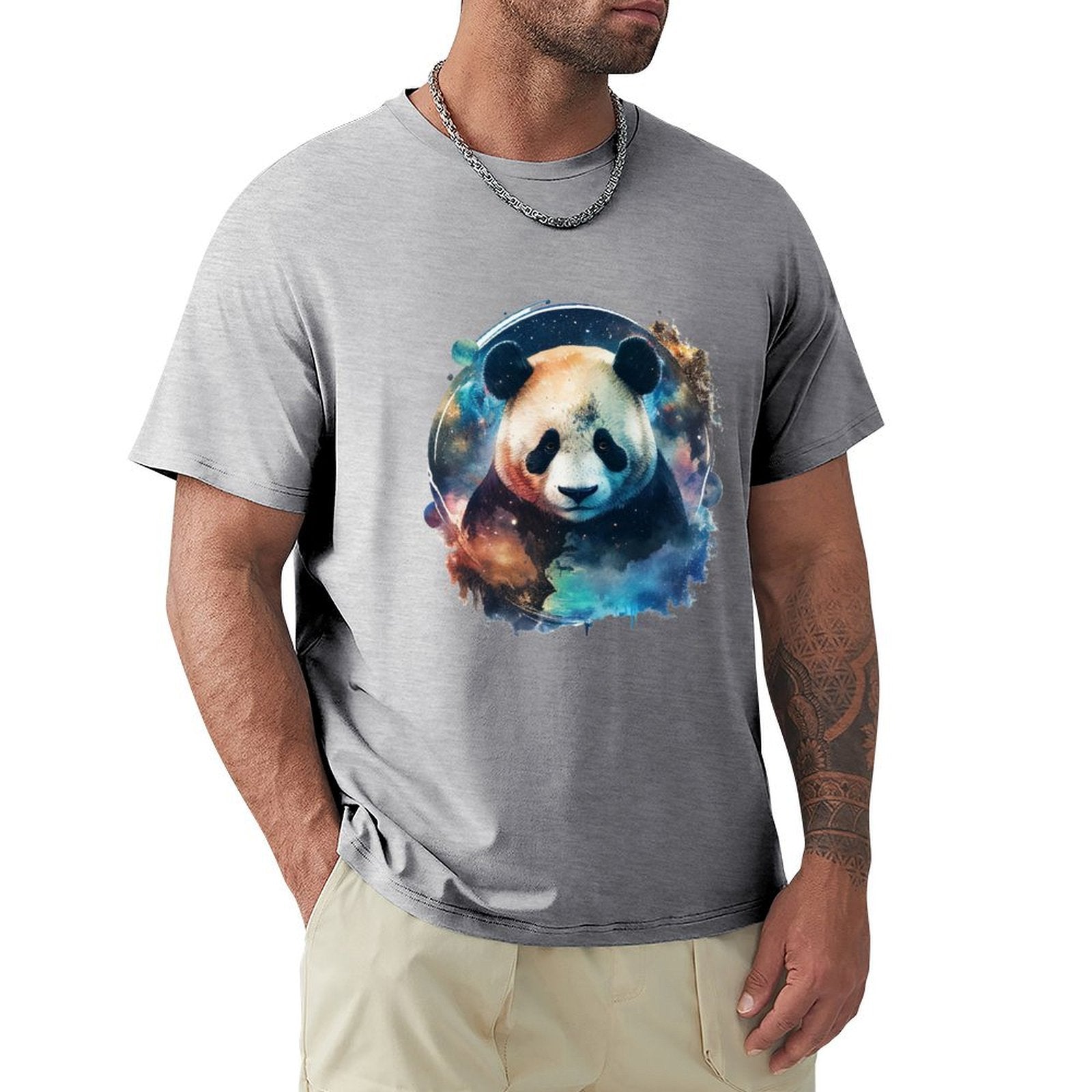 Men's gray short sleeve t-shirt with watercolor panda bear graphic from MyArtsyGift, comfortable cotton tee