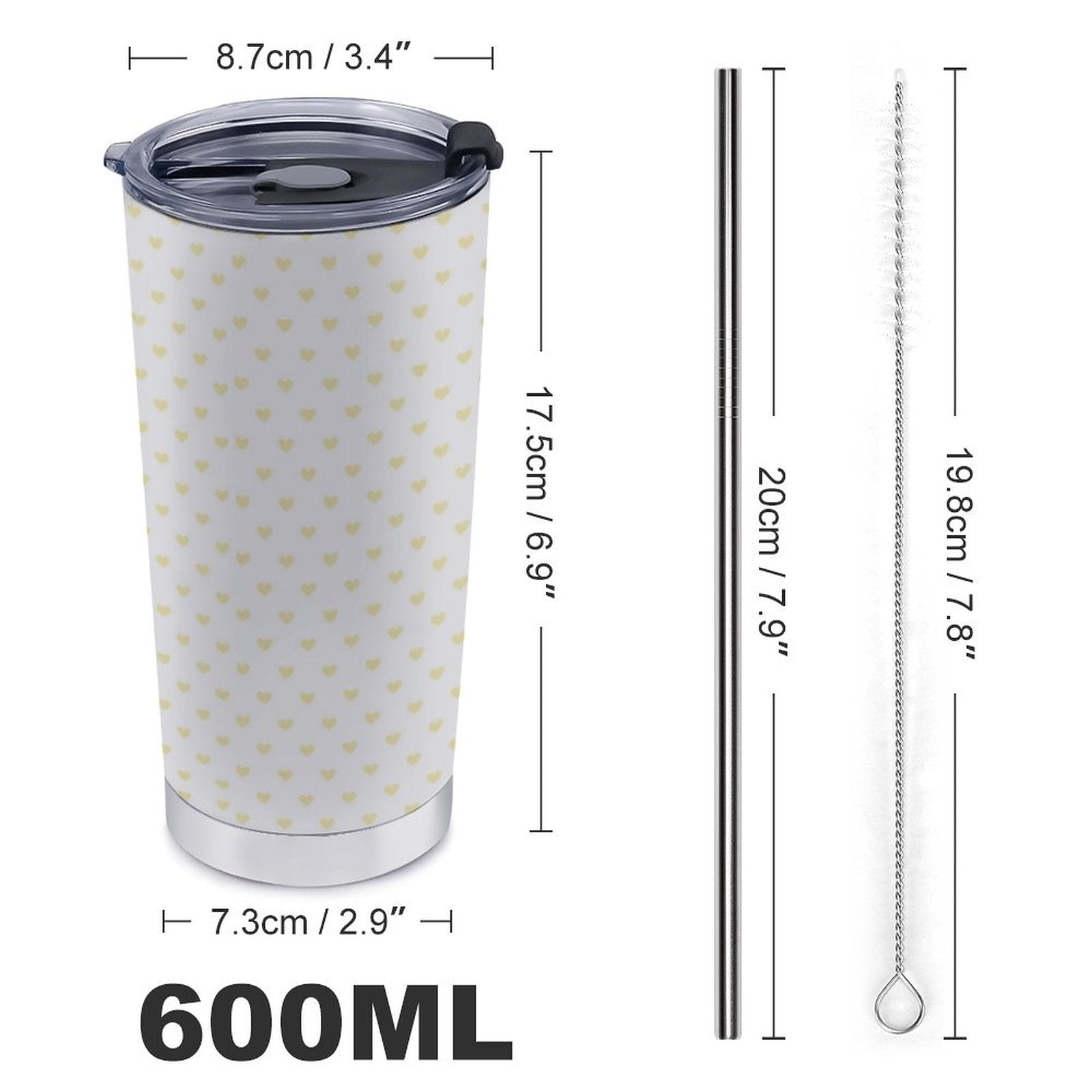 MyArtsyGift 20oz coffee tumbler with yellow hearts, stainless steel straw, and 600ml capacity. Ideal for travel and home use.