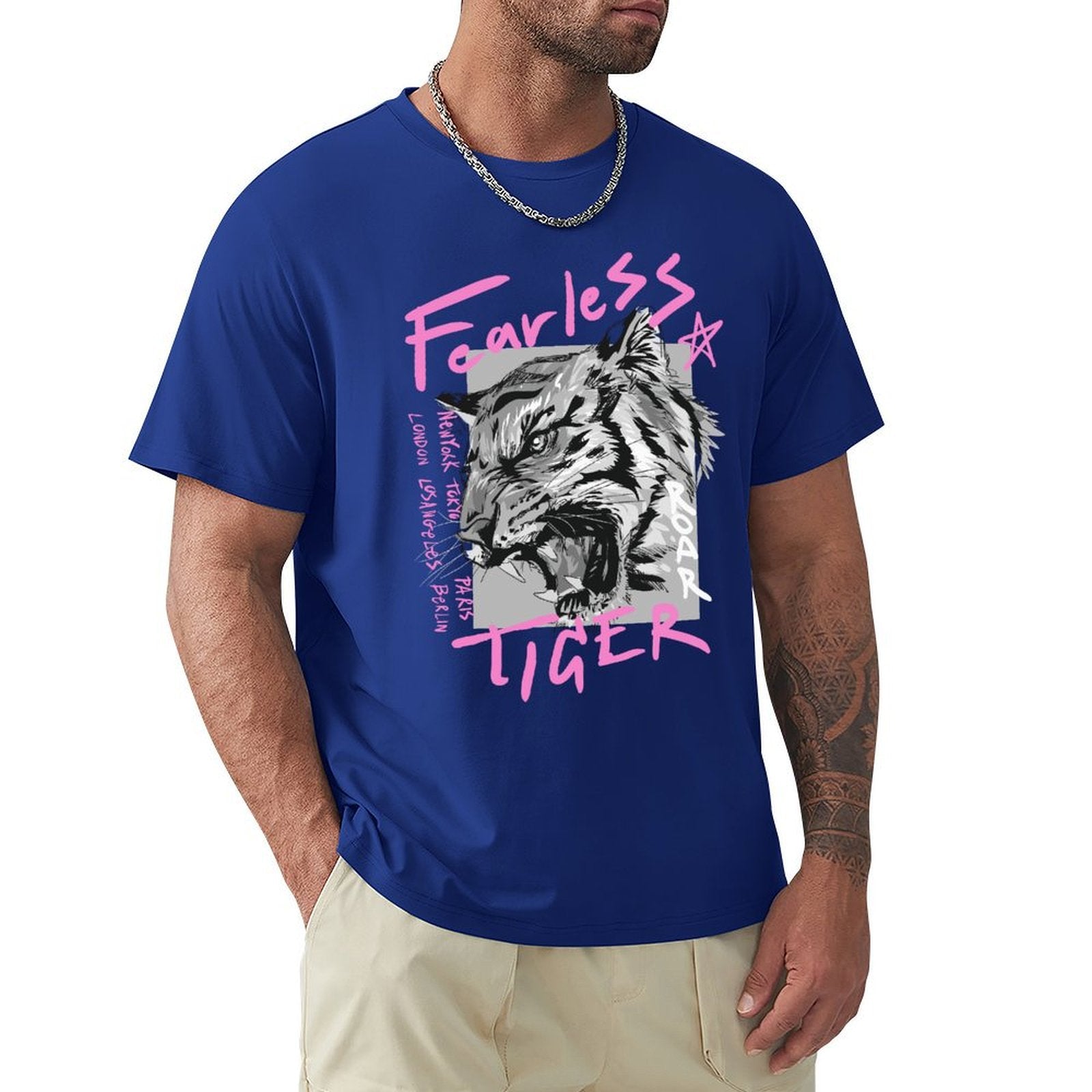 Blue men's short sleeve Fearless Tiger crew neck t-shirt, cotton tee, streetwear style