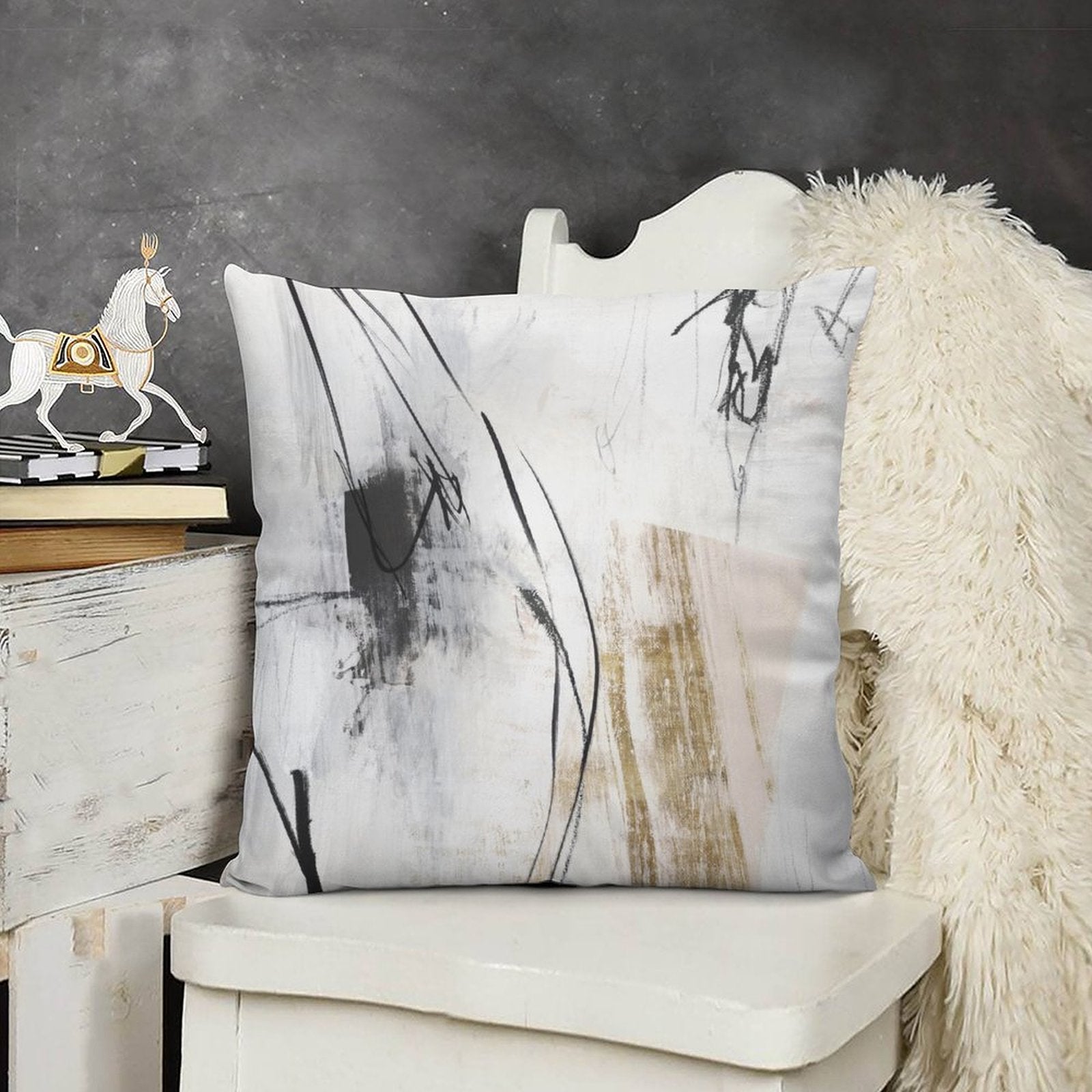 Abstract art plush pillow cover for sofa or living room, soft material, black white gold colors