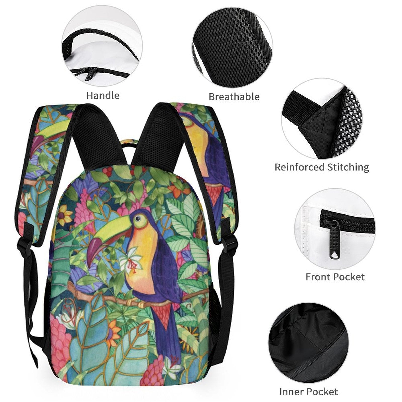 Toucan school backpack for kids, twill fabric, breathable, front pocket, durable, MyArtsyGift