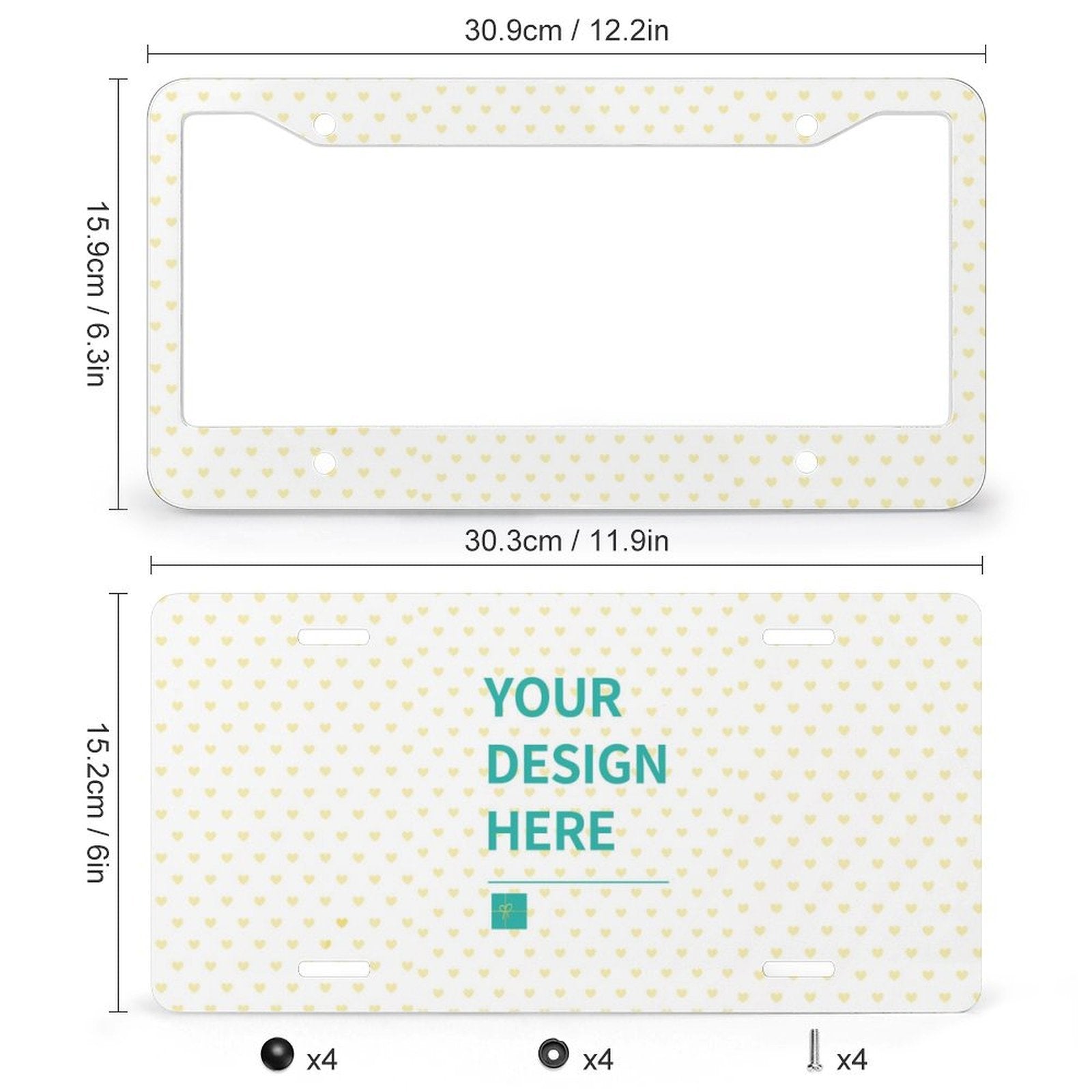 Custom license plate with heart pattern, 'Your Design Here' text, perfect gift, aluminum frame included.