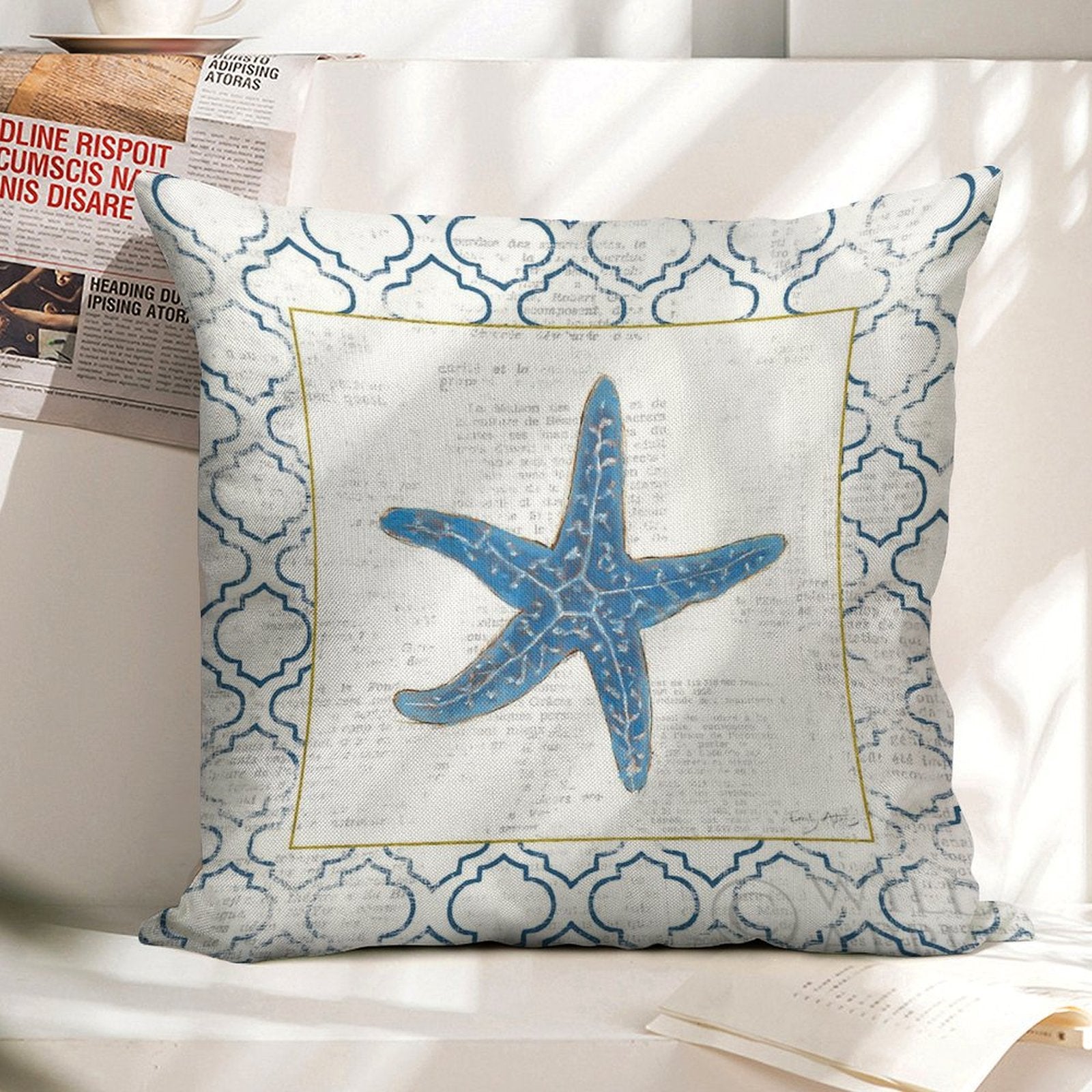 Linen throw pillow case with blue starfish design, perfect for living room decor, made in USA