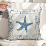 Linen throw pillow case with blue starfish design, perfect for living room decor, made in USA