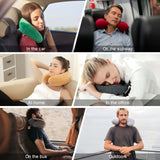 U-shaped travel pillow used in various settings: car, subway, home, office, bus, and outdoors for neck support.