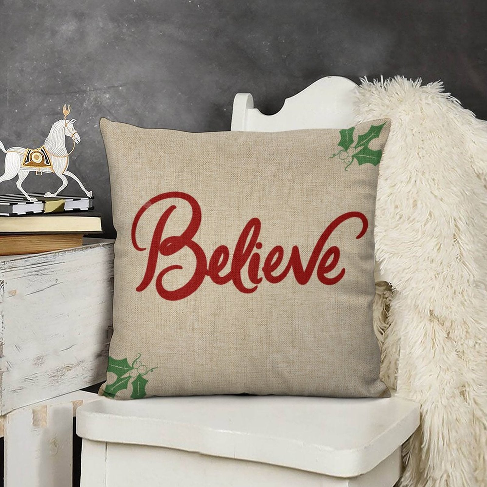 Christmas Believe pillow cover, linen square cushion case for sofa, couch, bed, or car