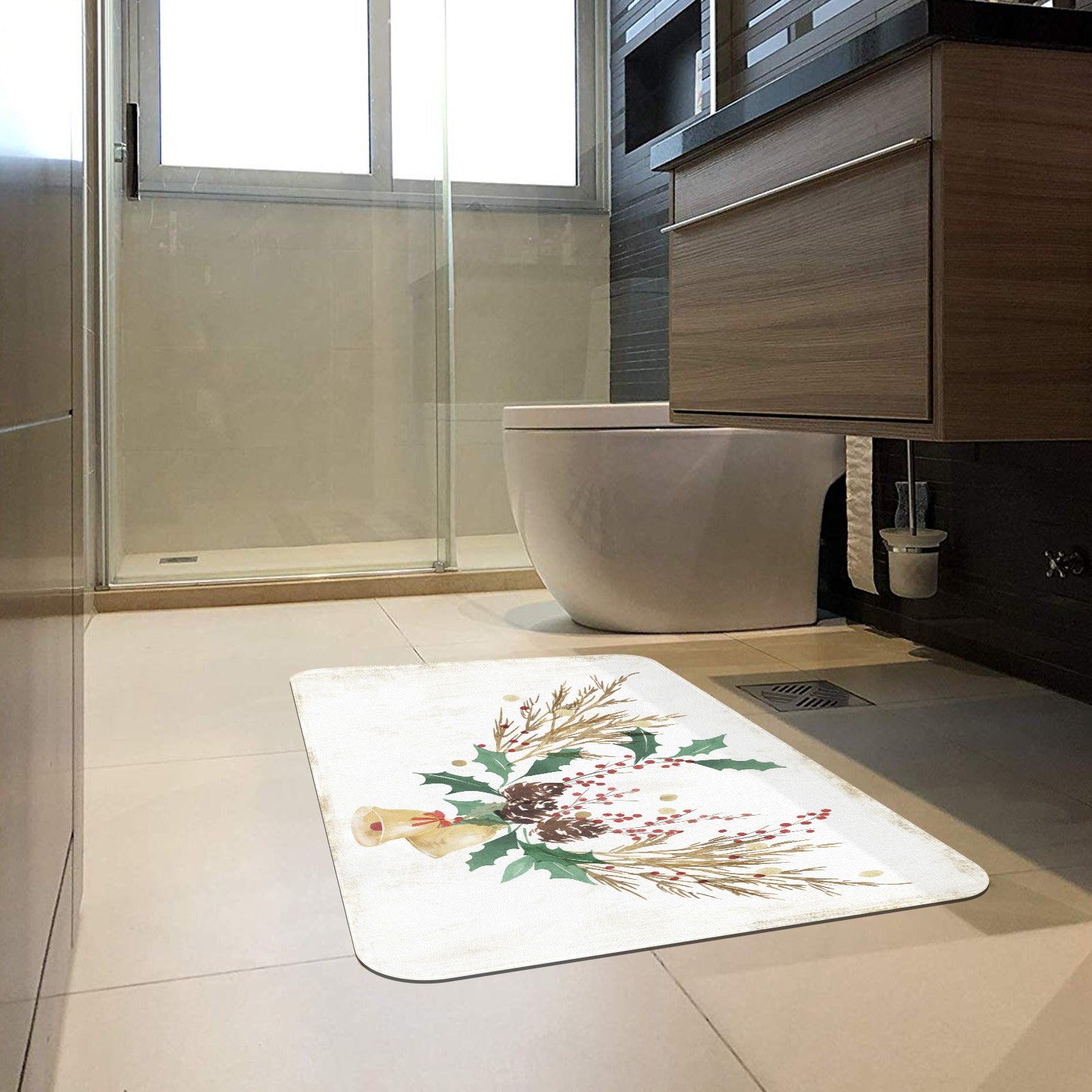 Christmas bells doormat with festive watercolor design in a bathroom, rubber floor mat