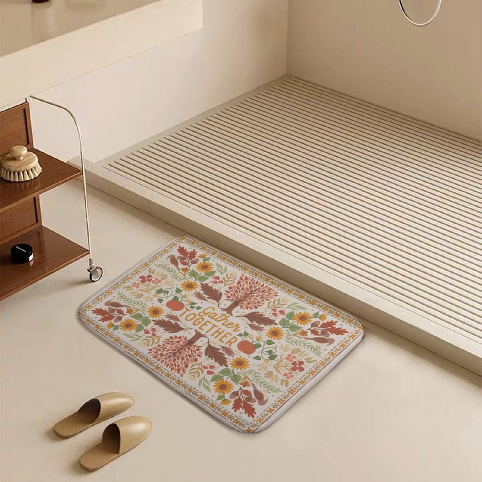Coral velvet bath rug with 'Gather Together' design, non-slip for bathroom/kitchen