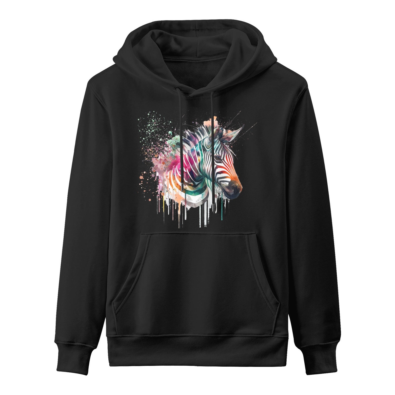 Black Gildan men's hooded sweatshirt with watercolor zebra head, Ben Heine Astro Cruise art, men's apparel