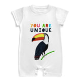 Baby bodysuit with colorful toucan and "YOU ARE UNIQUE" text, soft cotton romper 0-24 months