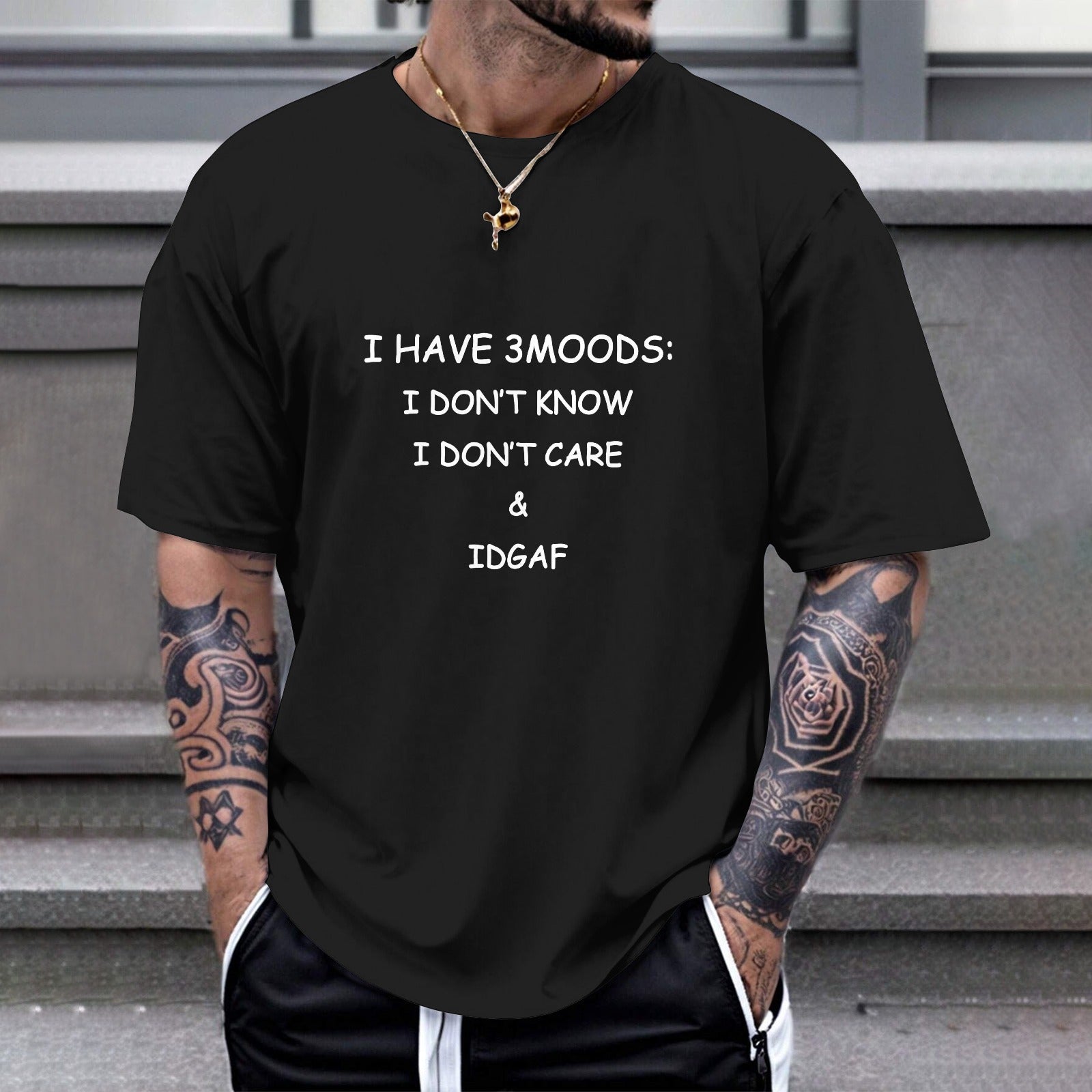 Black Gildan Unisex T-shirt with 'I HAVE 3 MOODS' print, cotton tee for self-expression.