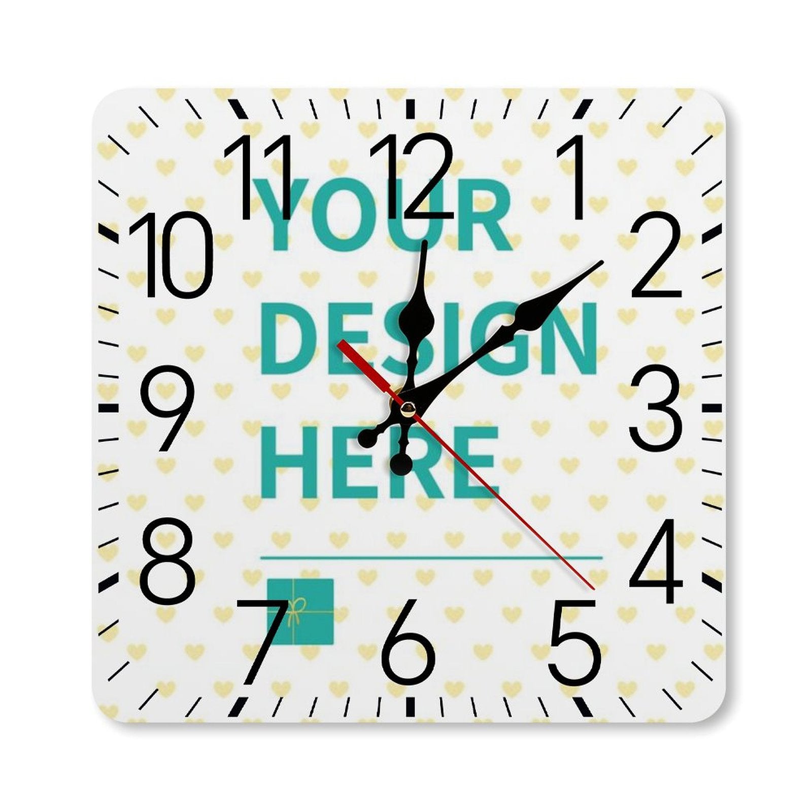 Customizable square wooden wall clock with "YOUR DESIGN HERE" text, perfect for home decor.