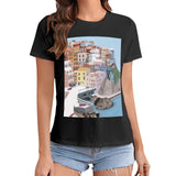 Women's black short sleeve t-shirt with graphic town print, MyArtsyGift, casual wear