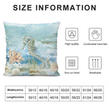 Square short plush pillow cover with seahorse design and size chart, high quality material for home decor