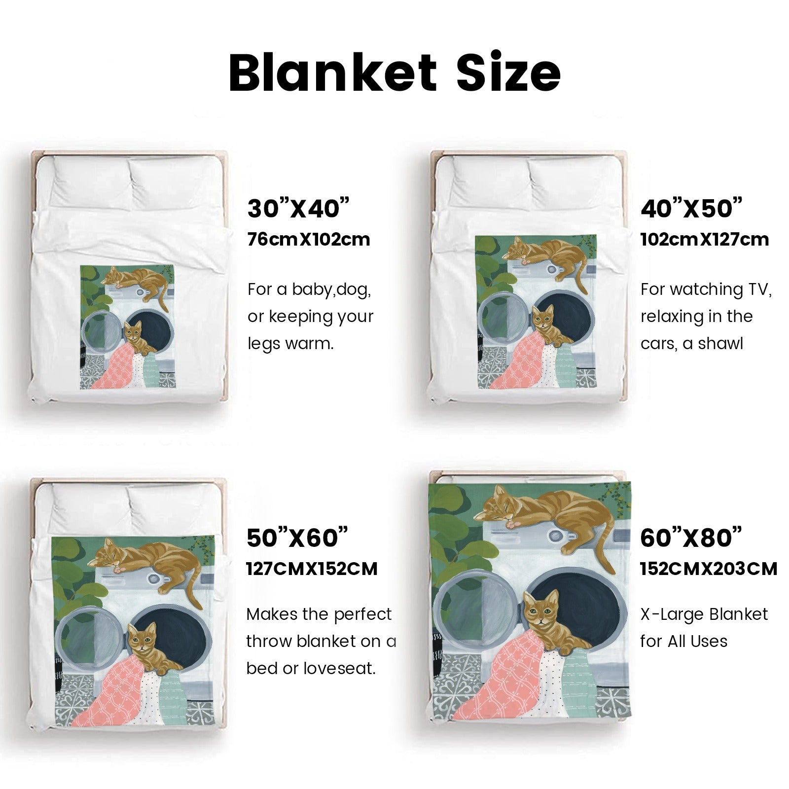 Laundry Cats Blanket size chart. Various sizes, cat design, for sofa or bed.