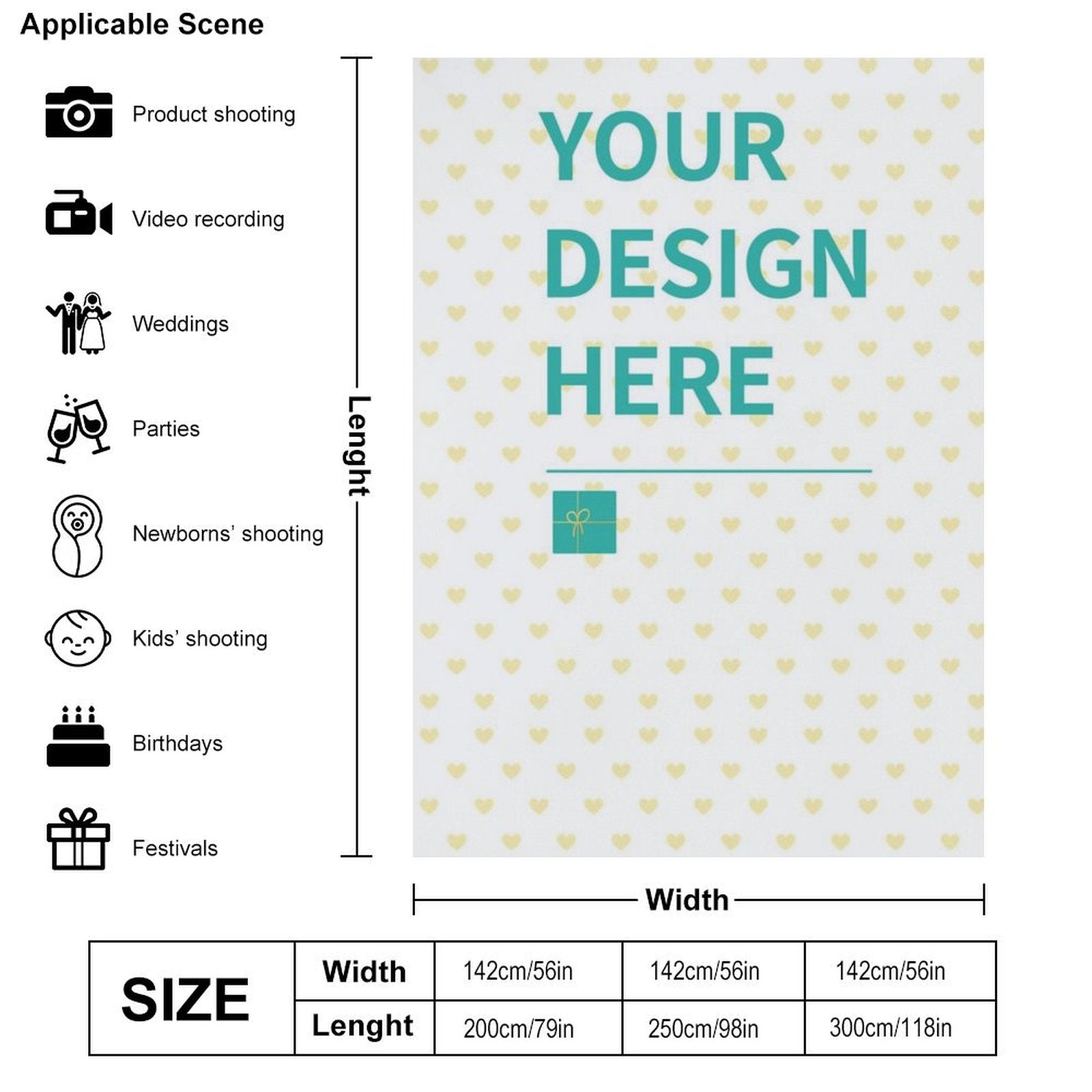 Personalized Photography Cloth with customizable design, white with yellow hearts; ideal for studio, video and event shoots.