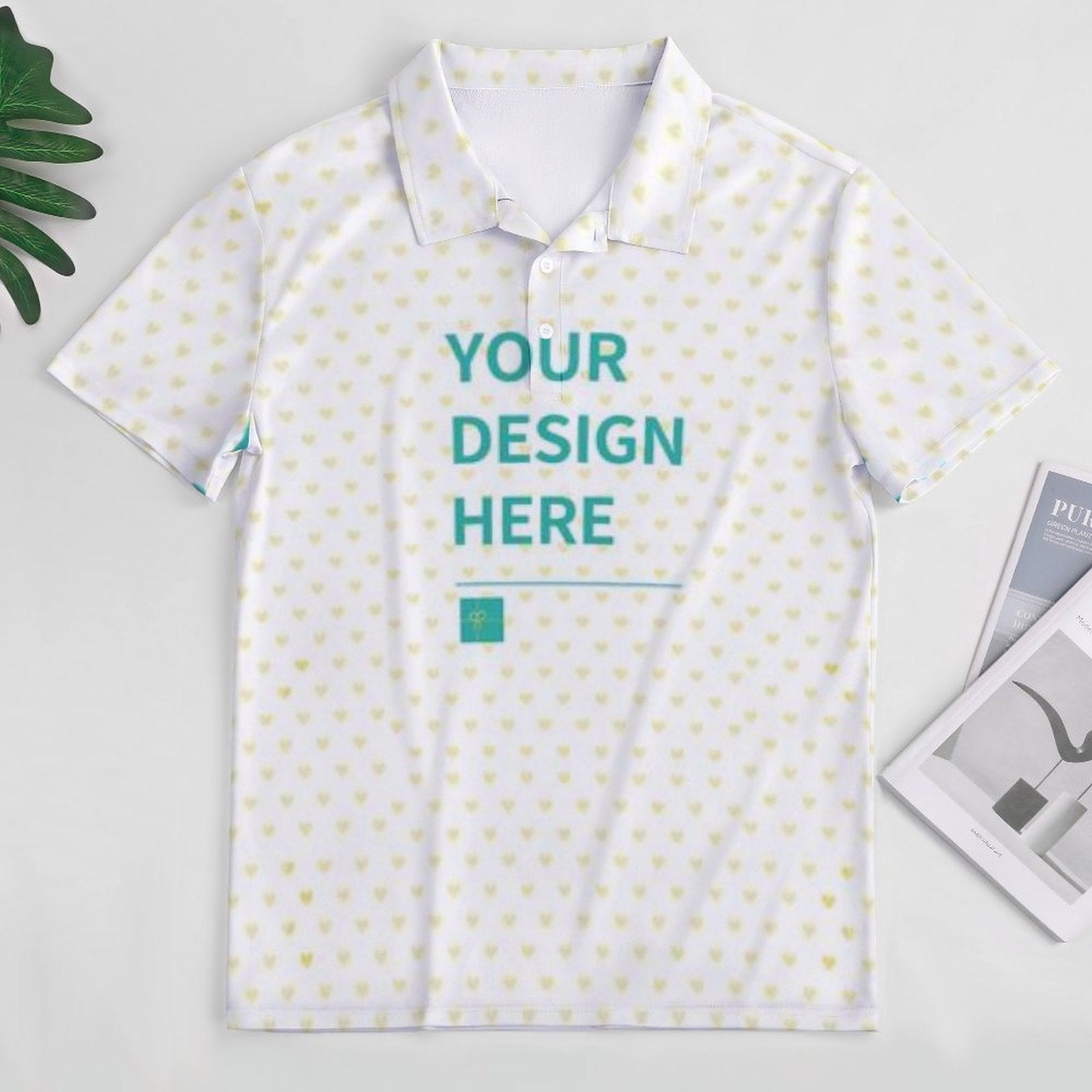 Customizable polo golf shirt with heart pattern, polyester fabric. Design your own personalized tee.