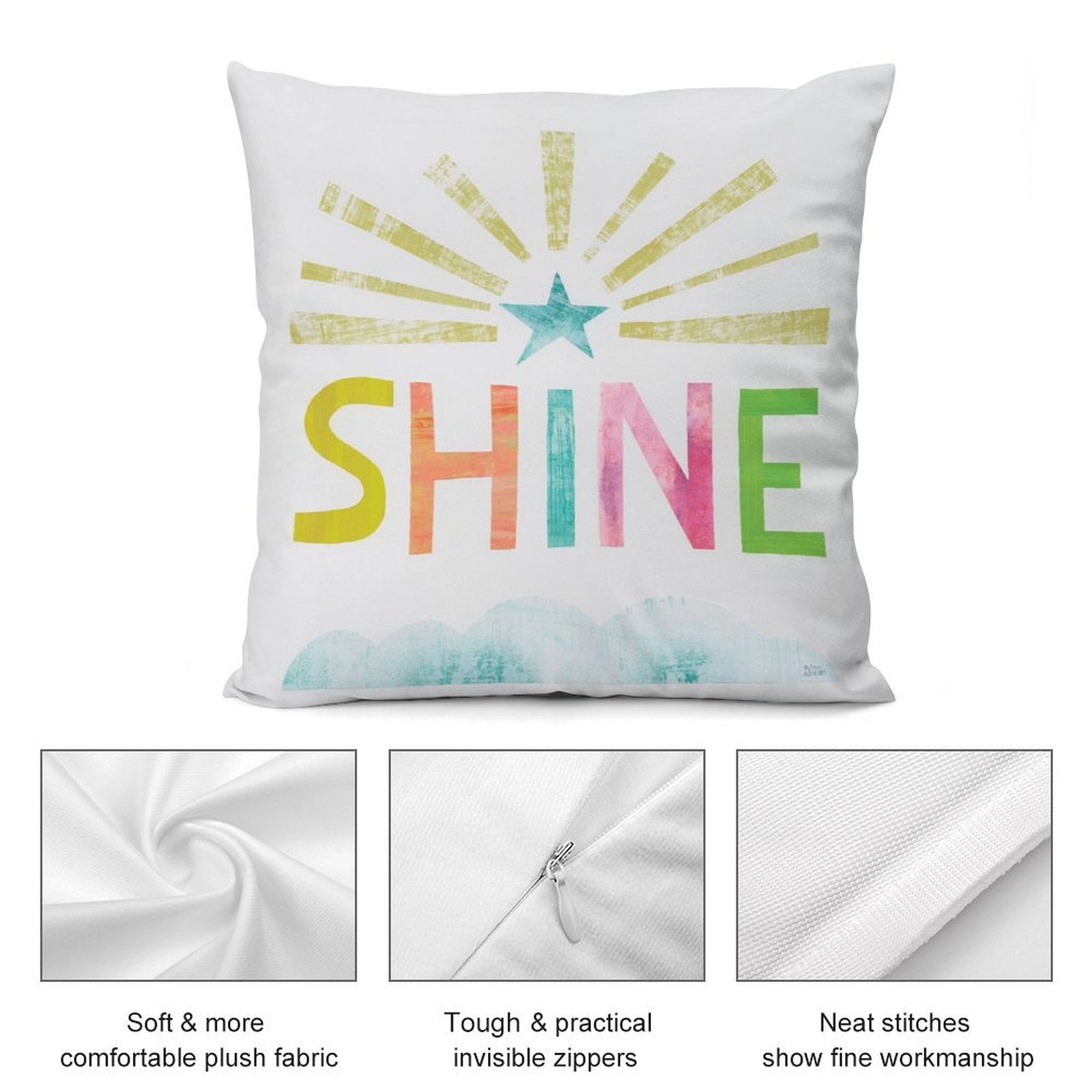 Plush pillow cover with SHINE design, soft fabric, invisible zipper. Perfect for sofa or living room decor from MyArtsyGift.