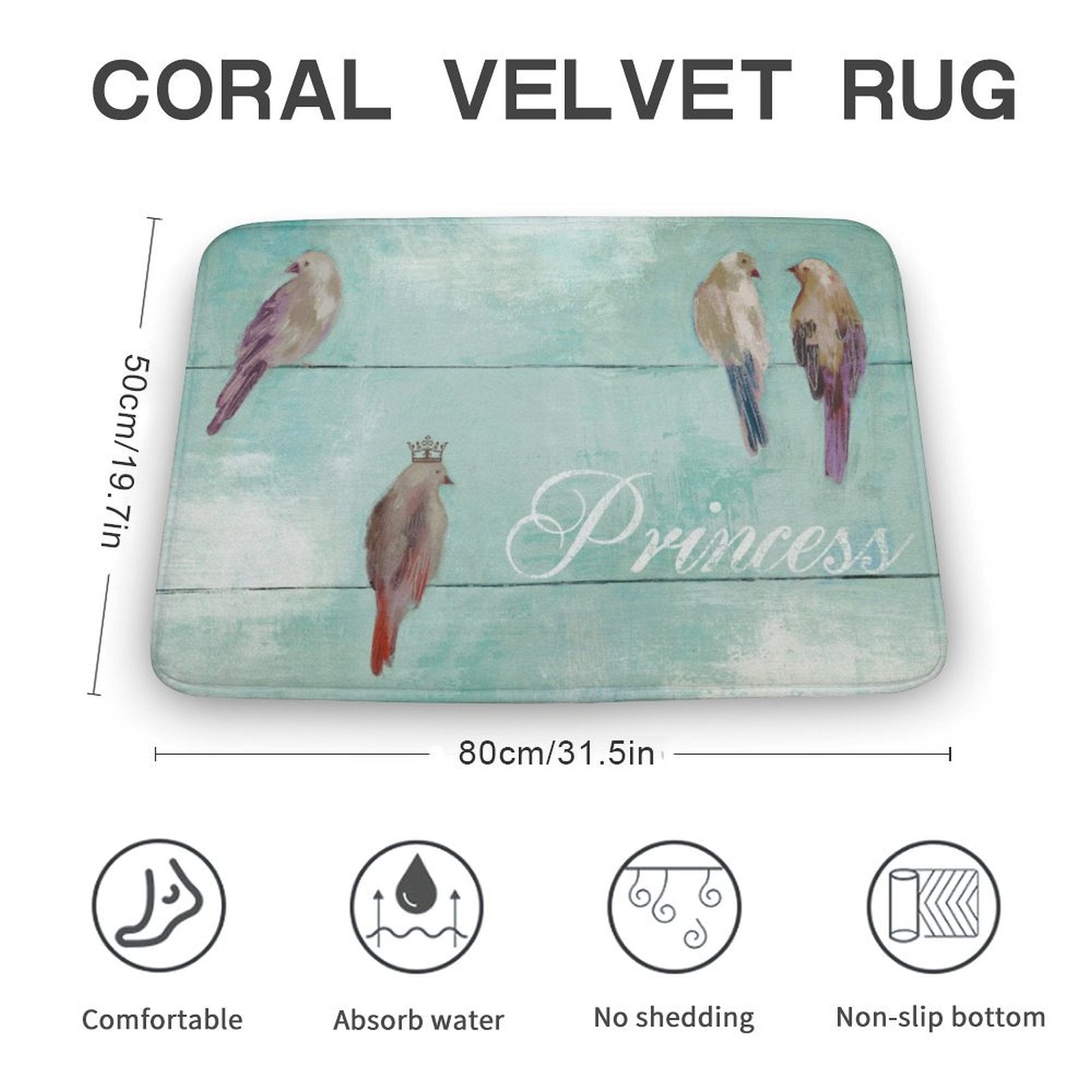 Coral velvet bathroom rug with princess bird design and non-slip bottom