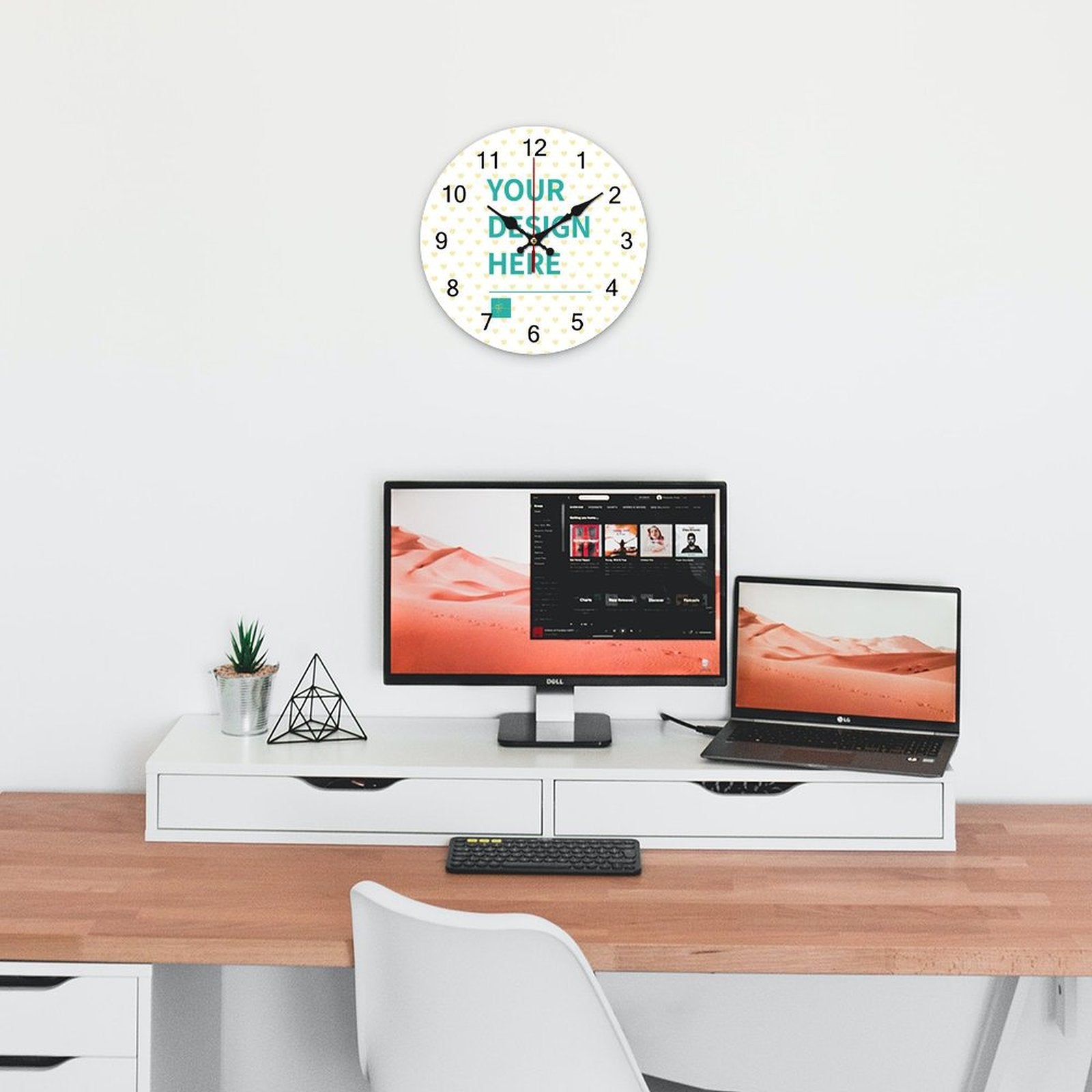 Personalized wooden wall clock with 'YOUR DESIGN HERE' text, home decor and kitchen gift; vintage wood style.