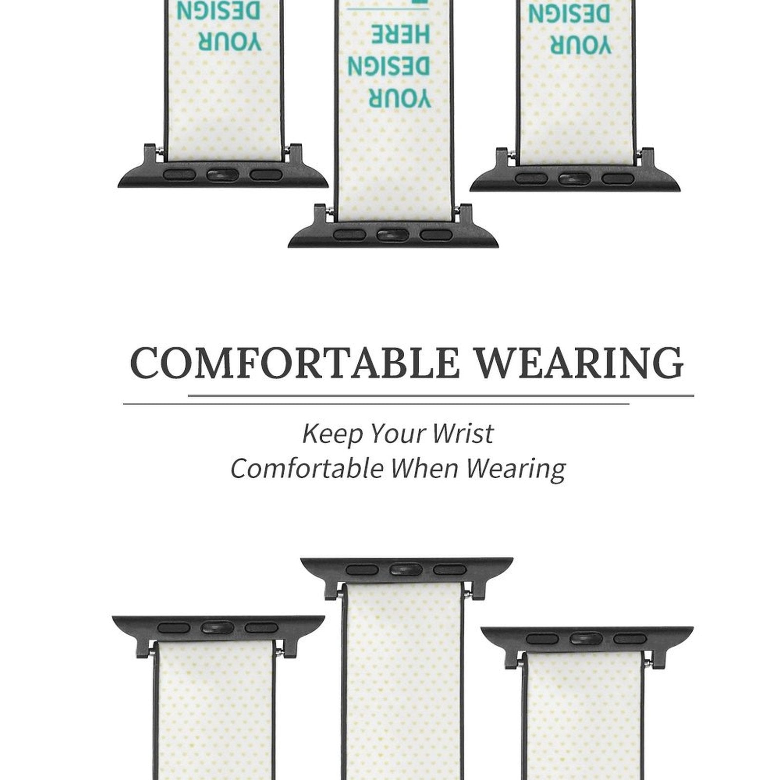 Customizable PU leather Apple Watch band with 'Your Design Here' text, comfortable wearing. Compatible with iWatch Series.