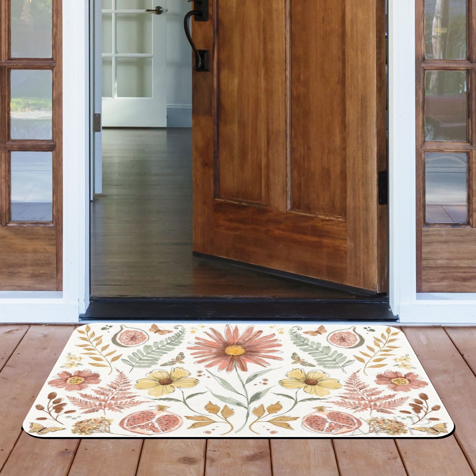 Floral entrance doormat with watercolor flower, fruit design for indoor or outdoor use.
