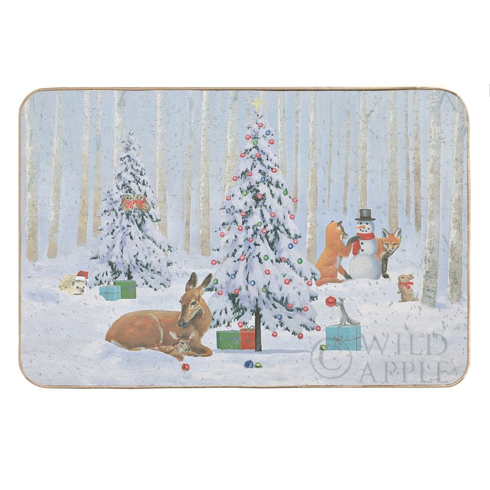 Christmas Critters Flannel Floor Mat with Winter Scene; Deer, Fox, and Snowman. Washable Door Mat by Wild Apple.