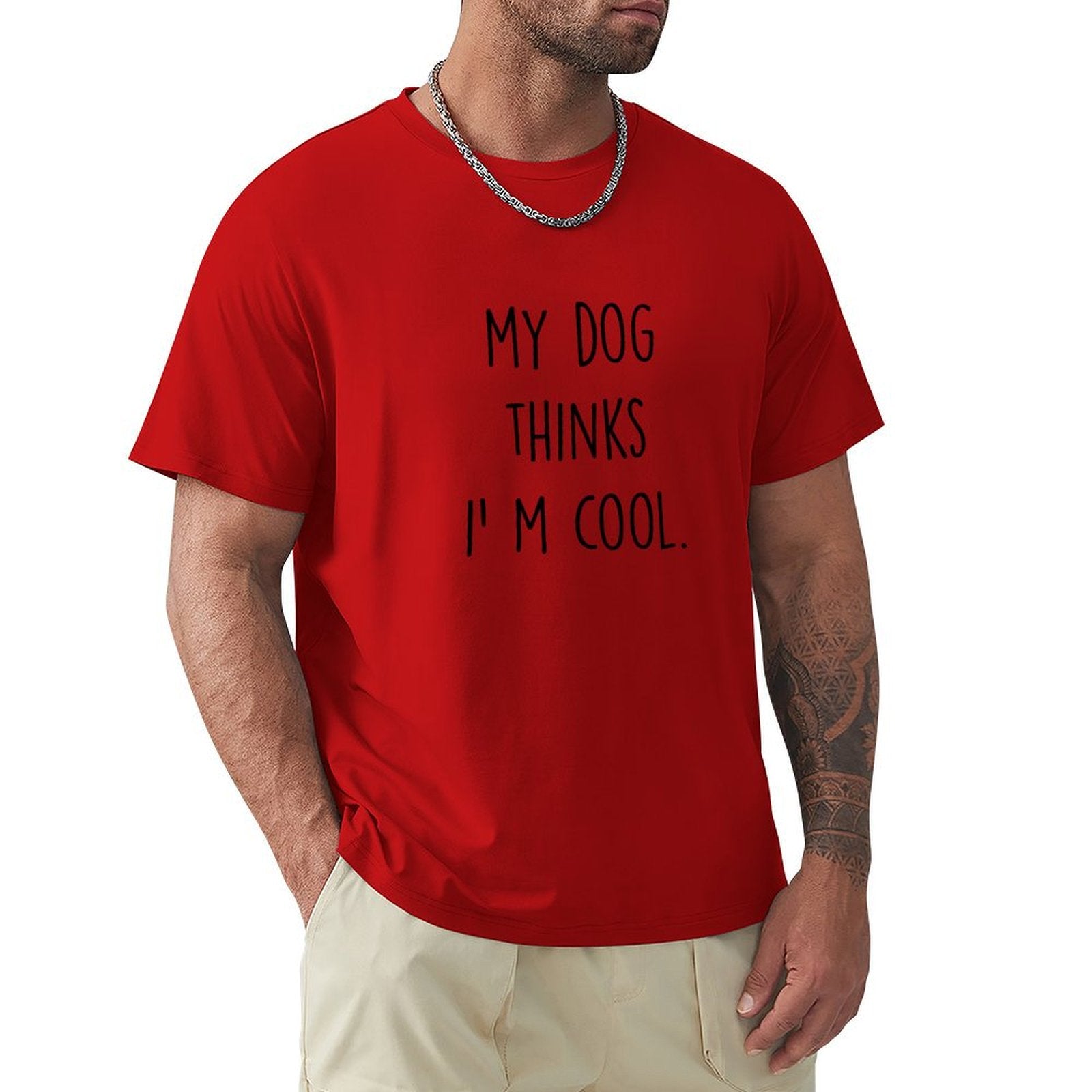 Men's red t-shirt with 'My Dog Thinks I'm Cool' print, classic tee for dog lovers, MyArtsyGift