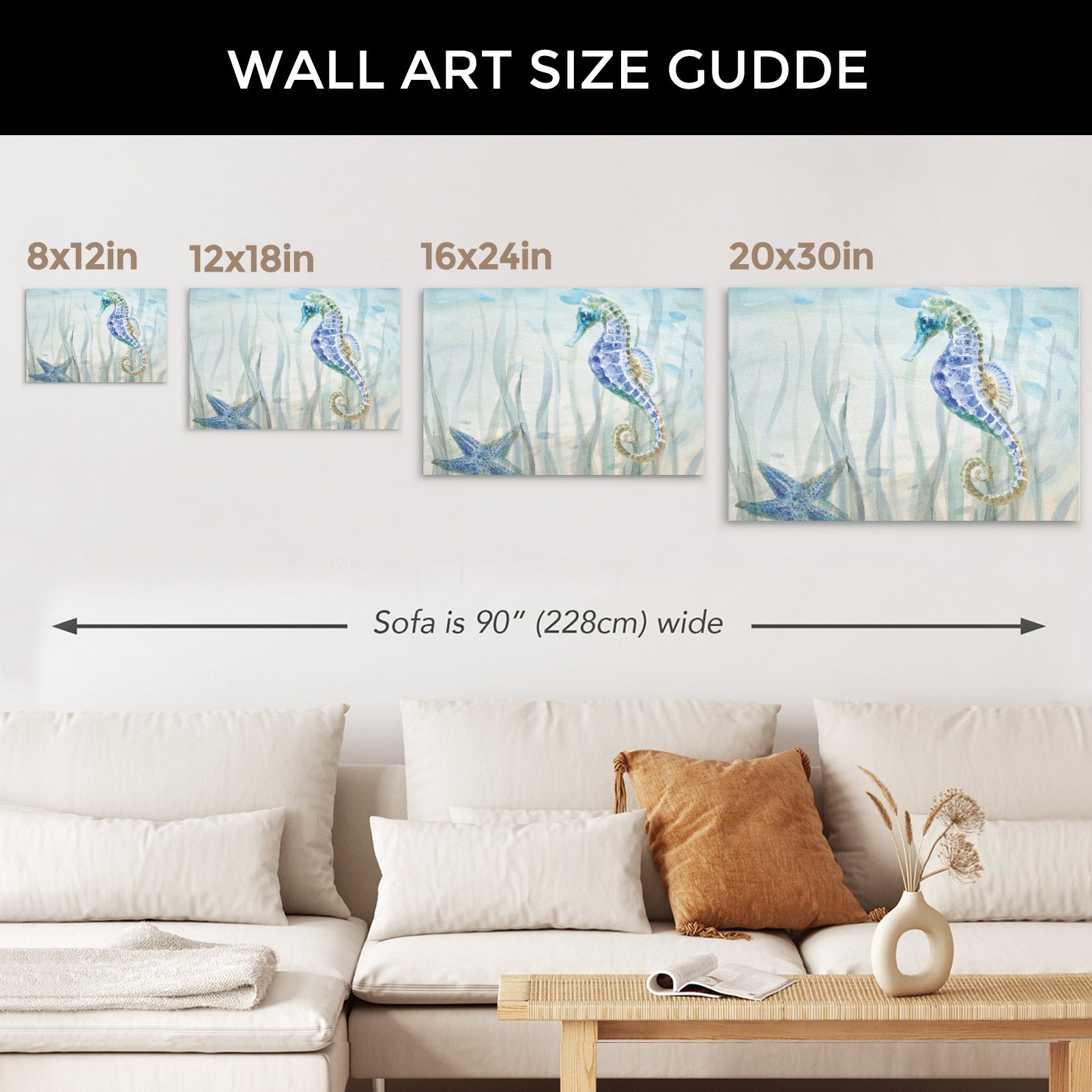 Undersea Friends seahorse and starfish canvas print size guide, product details, perfect for home decoration.