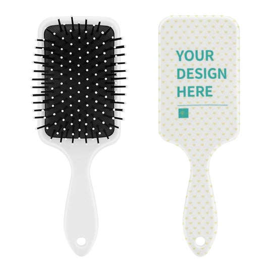 Custom Air Cushion Hair Brush, white handle with black bristles and design area for personalization
