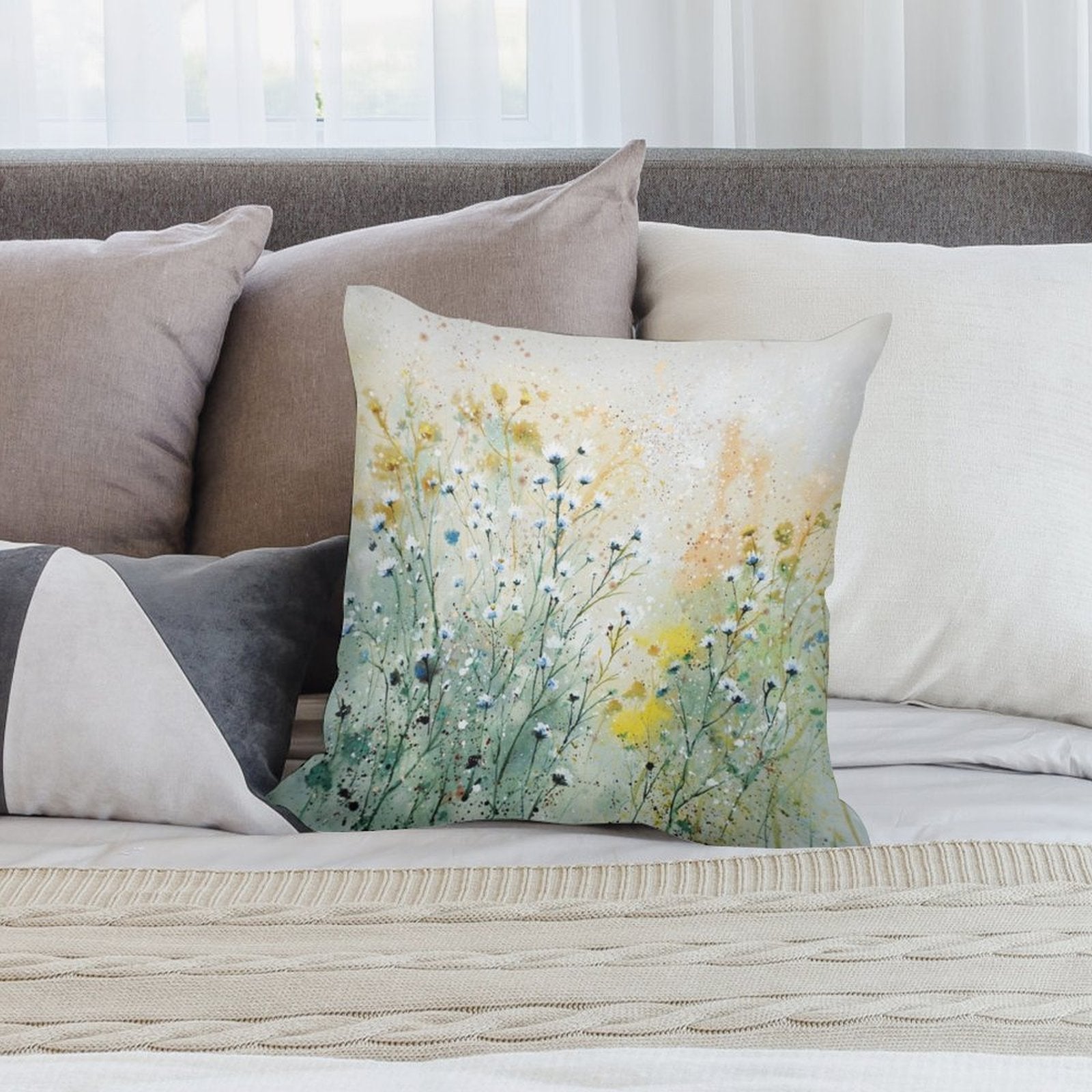 Watercolor wildflower plush pillow cover, soft short plush material for living room sofa decor