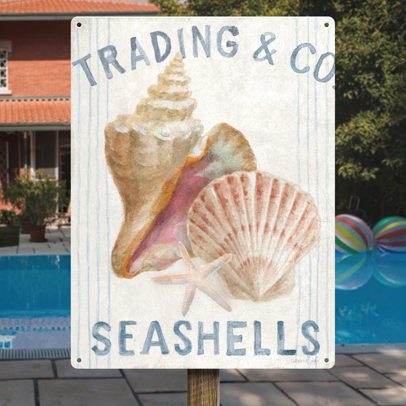 Nautical Seashells Metal Sign - Coastal Decor, Iron Wall Art for Home with Seashells and Trading & Co text