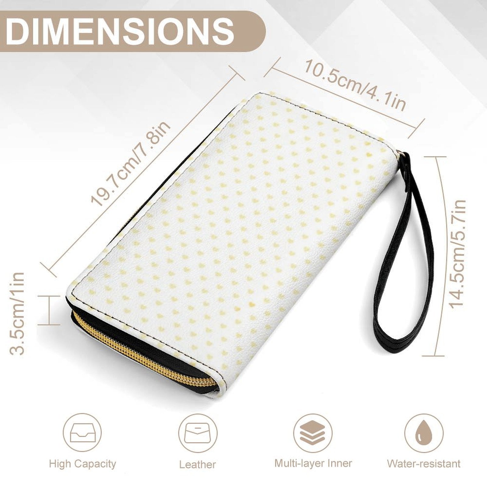 Customizable PU leather wallet with heart pattern, wrist strap, and dimensions; features water-resistant design.