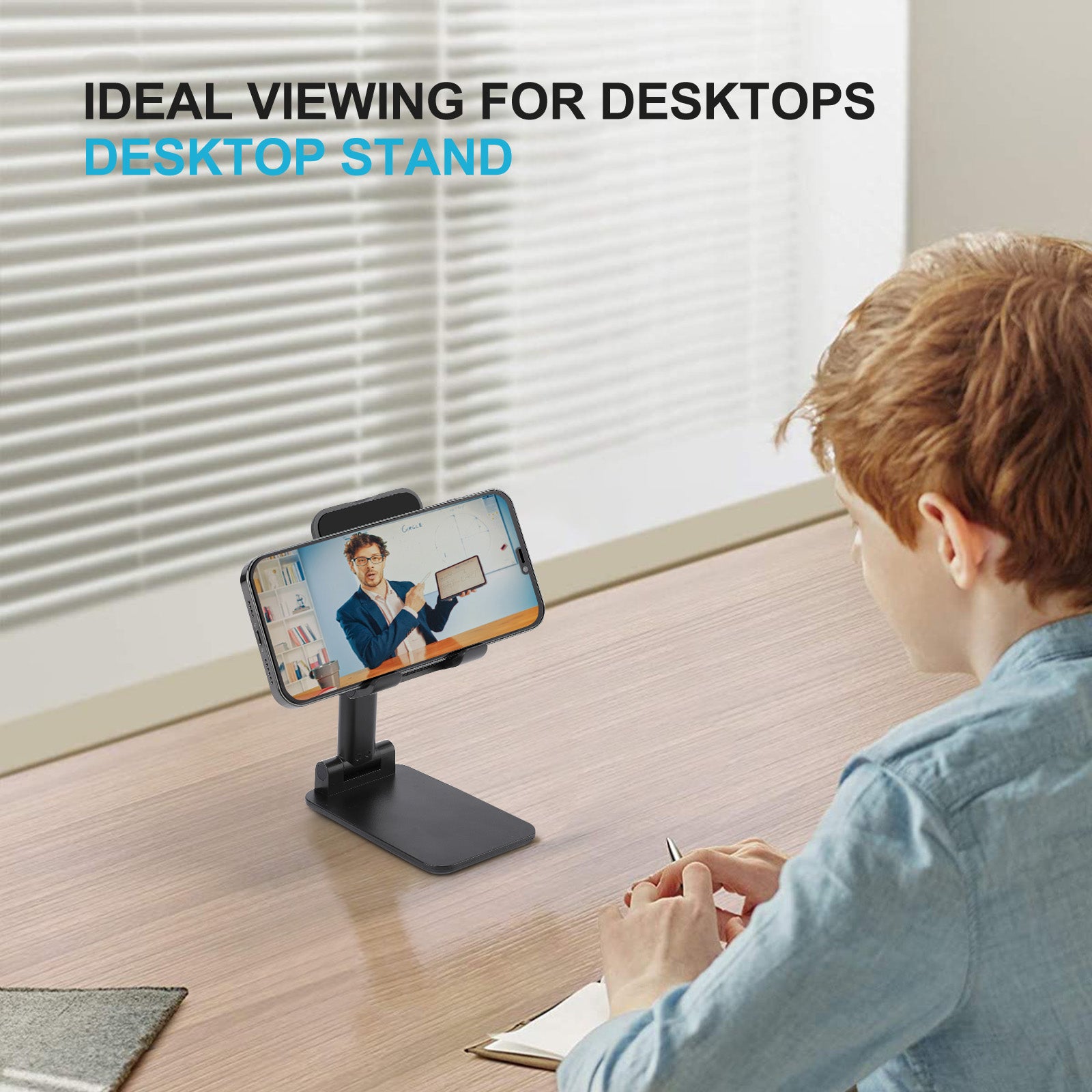 Black adjustable phone stand for ideal desktop viewing angle, supporting a phone displaying video content for hands-free use.