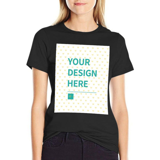 Custom women's black summer T-shirt with 'YOUR DESIGN HERE' text, perfect for personalization.