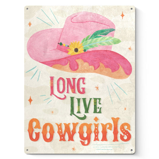 Cowgirl Club III tin sign with pink cowboy hat, "Long Live Cowgirls" text, home decor
